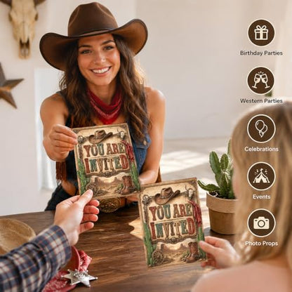 Western Cowboy Birthday Party Invitations Walnut 10 Pack with Envelopes Rustic Rodeo Theme