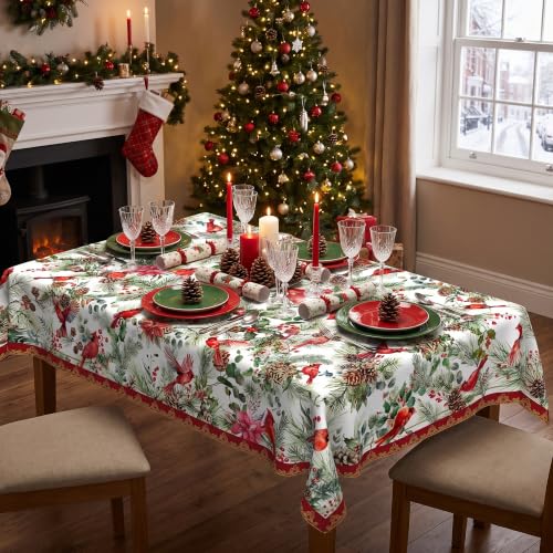 Christmas Tablecloth 60x60 Inch Water Resistant Square Cover - Red Cardinal & Holly