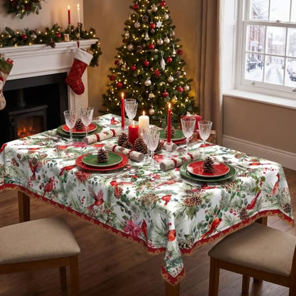 Christmas Tablecloth 60x60 Inch Water Resistant Square Cover - Red Cardinal & Holly