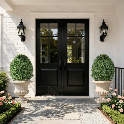 Artificial Boxwood Topiary Bush Set - 2 Pack 27 Inch Outdoor Faux Greenery with Metal Ground Spikes