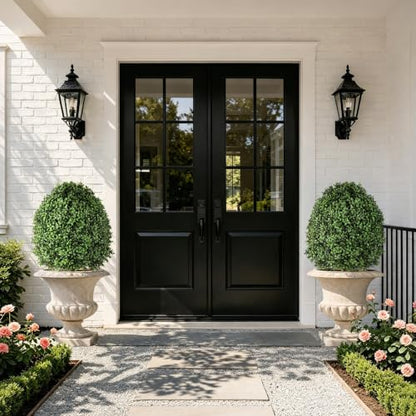 Artificial Boxwood Topiary Bush Set - 2 Pack 27 Inch Outdoor Faux Greenery with Metal Ground Spikes