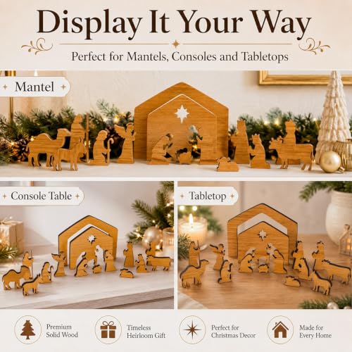 Hawkrown Nativity Set 16-Piece Indoor Wooden Manger Scene - Bronze Variation