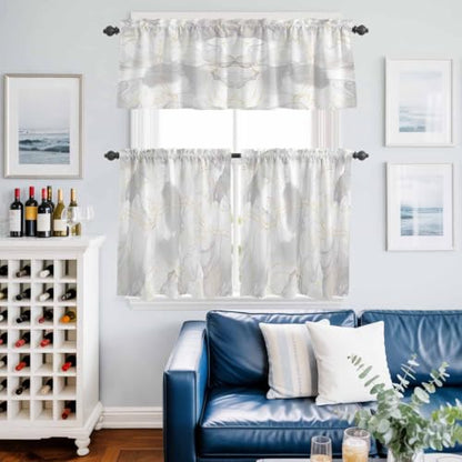 Grey Kitchen Tier and Valance Set 3 Piece - Natural White & Gold Stripe, 54x18in + 27.5x24in, Semi Sheer Window Curtains