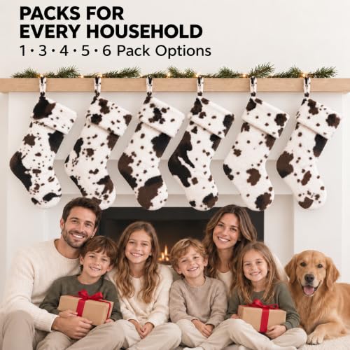 Cow Print Christmas Stockings Set of 5 - Faux Fur Farmhouse Holiday Decor - 20 Inch