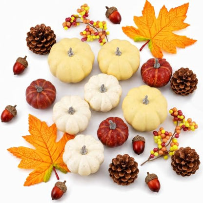Artificial Pumpkin Decor Fall Mini Pumpkin Ornaments with Maple Leaves & Acorns - 23pcs