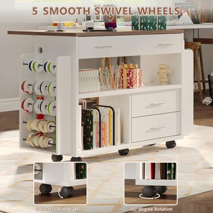 White Gift Wrap Storage Cart with Foldable Drop Leaf and Craft Organizer