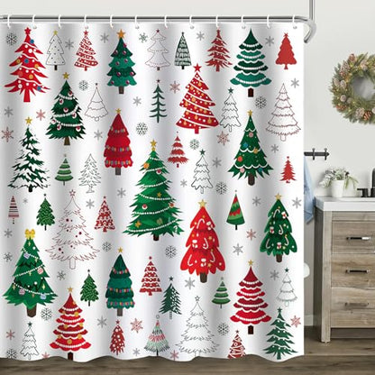 Christmas Shower Curtain Set with Snowman and Tree Design - Red Green White, 72x72 inches