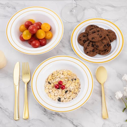 Gold Disposable Plastic Bowls and Plates Set for Parties Weddings Catering