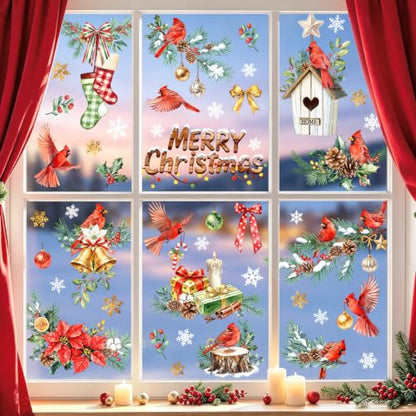 Tanlaby Christmas Window Clings Pine Tree Bird Holiday Decor - Variation: Pine Tree Cardinal Birds