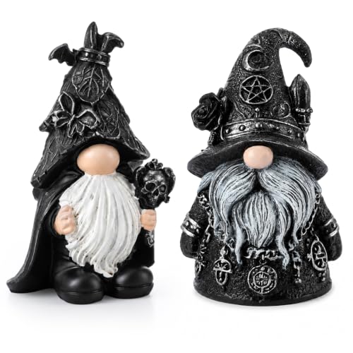 Gothic Gnome Statues Set - Halloween Witch and Bat Figurines for Dark Decor