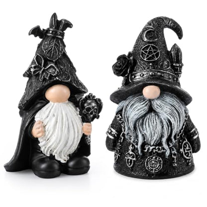 Gothic Gnome Statues Set - Halloween Witch and Bat Figurines for Dark Decor