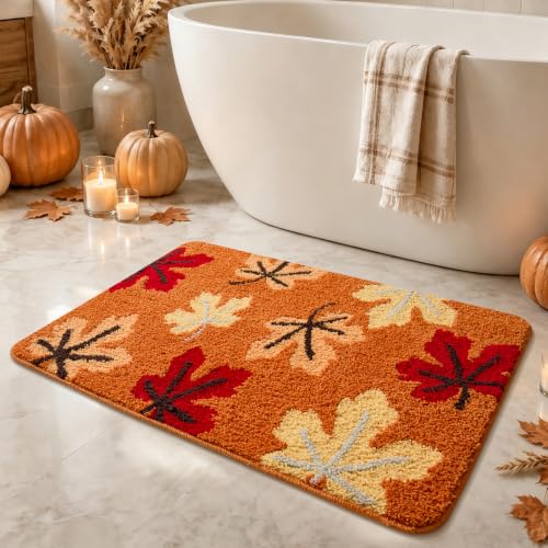 Fall Bathroom Rug 24x36 Inches, Non Slip Washable Orange Bath Mat