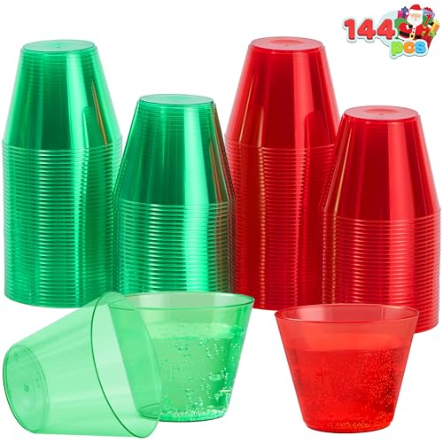 144 Pack Christmas Clear Disposable Plastic Cups - Red & Green 9oz Bulk Drinking Glasses
