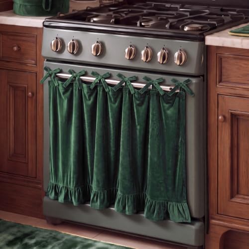 Velvet Oven Skirt Curtain Cover - Olive Green, 30x22in, Ruffled Kitchen Decor