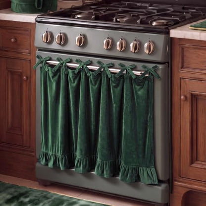 Velvet Oven Skirt Curtain Cover - Olive Green, 30x22in, Ruffled Kitchen Decor