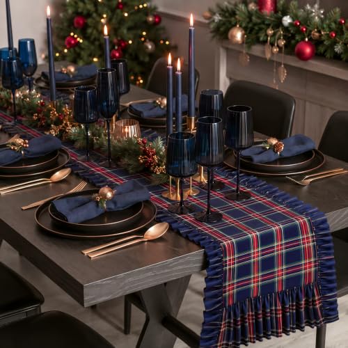 Navy Blue and Red Tartan Christmas Table Runner 72 Inch Ruffled