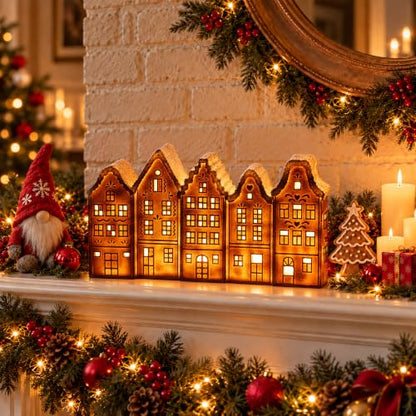 Lighted Gingerbread Christmas Village Decor - 14.5 Inch Holiday Scene with LED Lighting