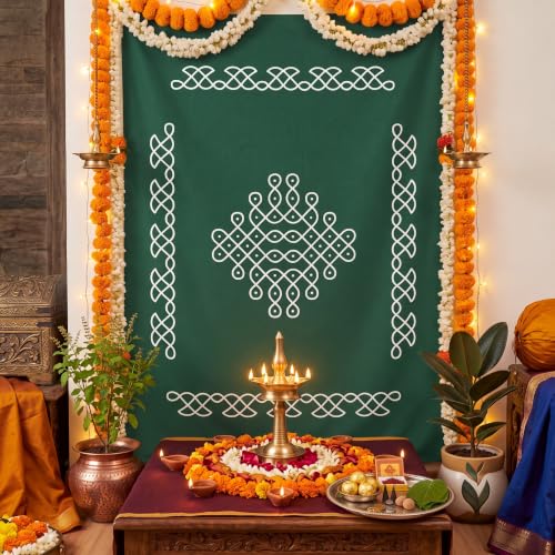 Indian Varalakshmi Pooja Backdrop Dark Green Kolam Decor 7x5ft - Traditional Festival Tapestry