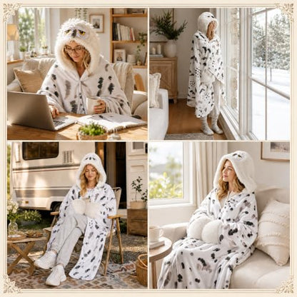 Wearable Snowy Owl Hooded Blanket for Winter Cozy Comfort - Multicolor