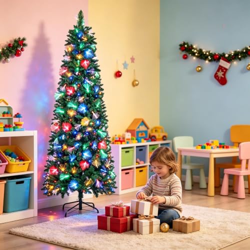 6 FT Pre-Lit Christmas Tree with Fiber Optic Lights, 245 LED Indoor Outdoor