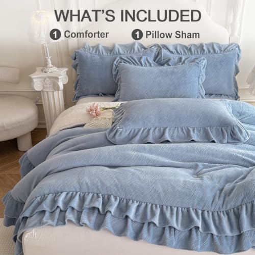 Twin Fluffy Sherpa Comforter Set Blue Ruffle Bedding - Super Soft Fleece