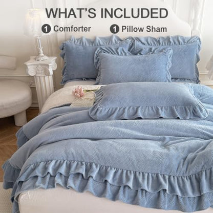 Twin Fluffy Sherpa Comforter Set Blue Ruffle Bedding - Super Soft Fleece