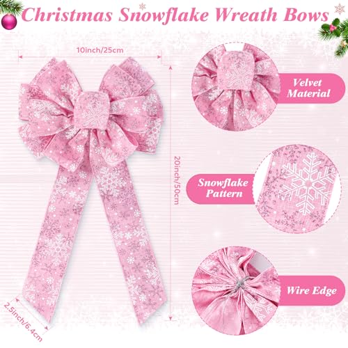 Pink Velvet Christmas Bow Set - Wired Snowflake Holiday Decorations, 6 Pcs