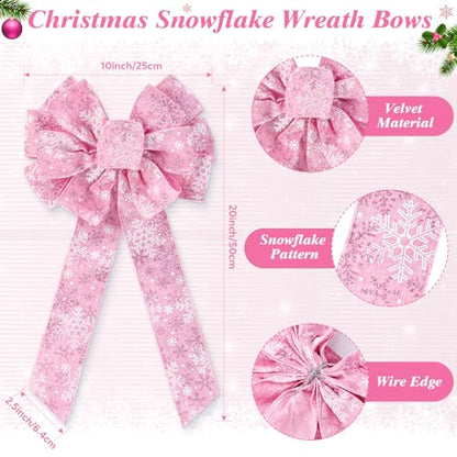Pink Velvet Christmas Bow Set - Wired Snowflake Holiday Decorations, 6 Pcs