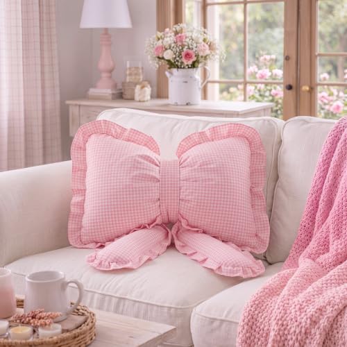 Pink Gingham Bow Pillow Ruffled Plaid Decorative Cushion - Ruffled Variation