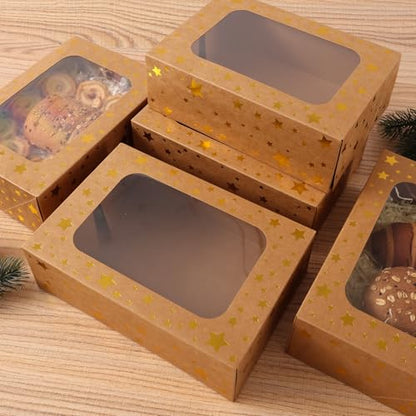 Christmas Brown Holiday Cookie Boxes with Gold Star & Viewing Window - 24 Pack, 9x6x3 Inches