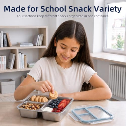 Square 3-Compartment Stainless Steel Snack Containers with Lids for Kids - 4 Pack