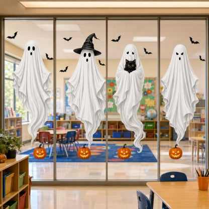 Extra Large Halloween Window Clings - Ghost Witch Hat Pumpkin Decals - Ghost Witch Hat Pumpkin Variation