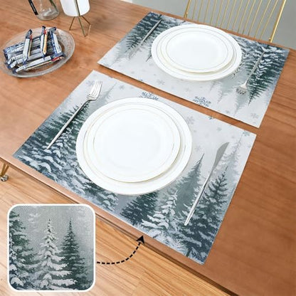 Winter Forest Snow Scene Placemats Set of 6 Christmas Table Mats 12x18 Burlap Washable