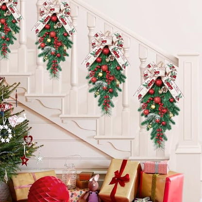 Artificial Christmas Swags 24 Inch 2 Pack Teardrop Holiday Decor with Berries Pinecones & Greens - Multi Color