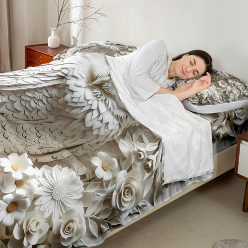 Manfei King Size Kids Bedding Set - 3D Owl White Rose Daisy Flower 4 Piece