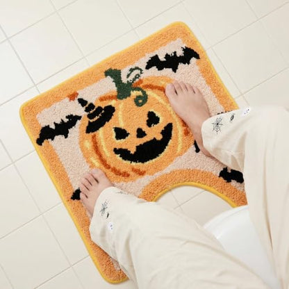 Halloween Pumpkin Bat U-Shaped Toilet Rug - Yellow Pumpkin, Plush Non-Slip Bathroom Mat