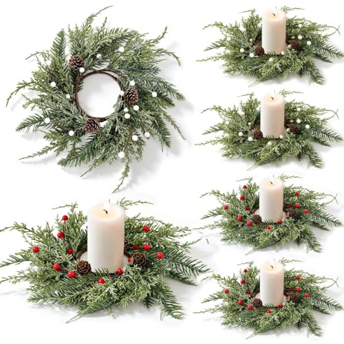 Christmas Berry Candle Wreaths Set of 6 - Faux Cedar Pine Cones Holiday Decor