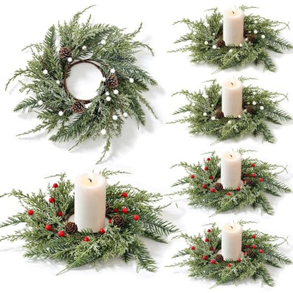 Christmas Berry Candle Wreaths Set of 6 - Faux Cedar Pine Cones Holiday Decor