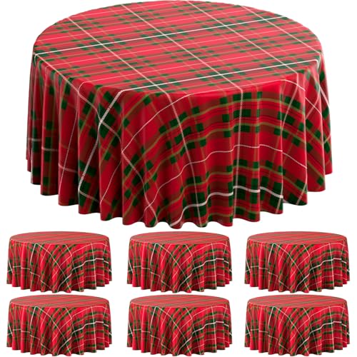 6 Pack Christmas Checkered Plaid Disposable Round Tablecloths - 84 Inches, Dark Red & Green