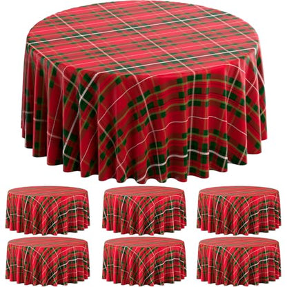 6 Pack Christmas Checkered Plaid Disposable Round Tablecloths - 84 Inches, Dark Red & Green