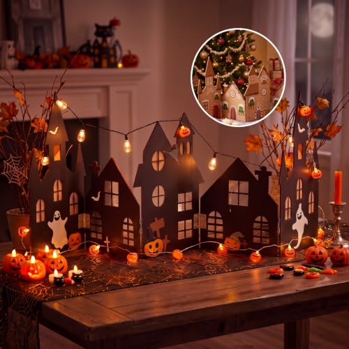 Large Reversible Halloween Christmas Village Table Decor - 28-inch Scene
