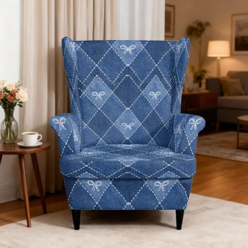 Blue Wingback Chair Slipcover Plaid Bow Pattern Durable Stretch Fit