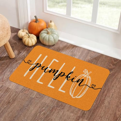 Hello Pumpkin Fall Front Door Mat - Orange Autumn Welcome Doormat 17x30 Inches