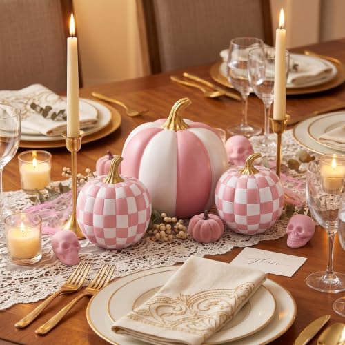 Pink and White Large Pumpkin Decor Set of 4 - Resin Checkered Halloween Ornaments
