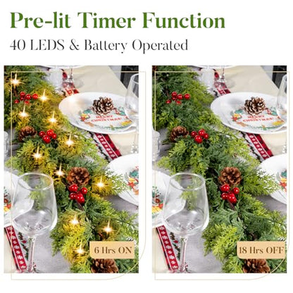 Cedar Green 9FT Prelit Christmas Garland with Lights, Red Berries & Pine Cones