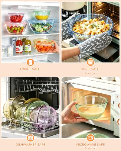 Glass Mixing Bowls Set with Lids - 5 Sizes Kitchen Prep Storage