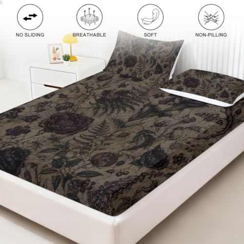 Dark Floral Fitted Sheet Set King Size - Ancient Paper Poison Flower Variation