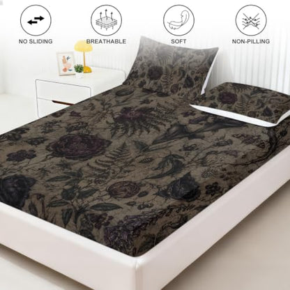 Dark Floral Fitted Sheet Set King Size - Ancient Paper Poison Flower Variation