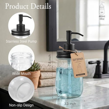 Black Glass Mason Jar Soap Dispenser Set - 16oz with Metal Pump, 2 Pack