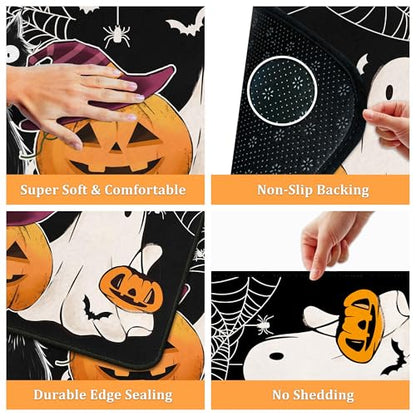 Halloween Kitchen Rugs Set of 2 - Non Slip Pumpkin Cats Ghosts 17x47.2 +17x30 Inches